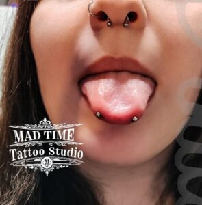 Look at this incredible Snake eye piercing by Judi. 🐍

Book your next piercing with us! 📲

#madtimetattoo #piercingideas #tonguepiercing