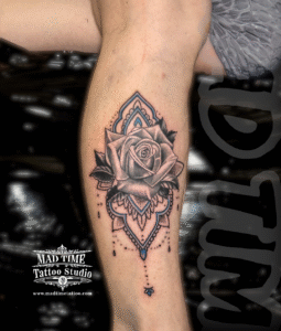 mandala and rose black and gray tattoo