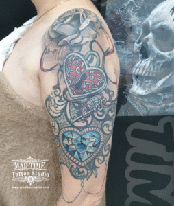 mandala and rose half sleeve tattoo plus retauching tattoo