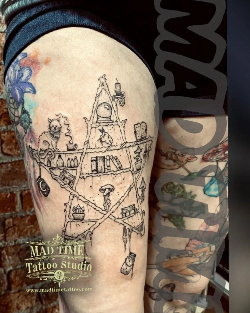 Delicate fine line geometric tattoo on a thigh featuring abstract architectural elements and fine line work.