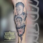 Home new Black and grey realism anime tattoo of Obito Uchiha from Naruto on a forearm, showing his evolution from childhood to masked Tobi, with detailed Sharingan eye by Mad Time Tattoo.