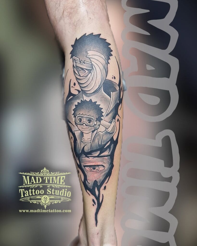 Anime Tattoos Liverpool Black and grey realism anime tattoo of Obito Uchiha from Naruto on a forearm, showing his evolution from childhood to masked Tobi, with detailed Sharingan eye by Mad Time Tattoo.