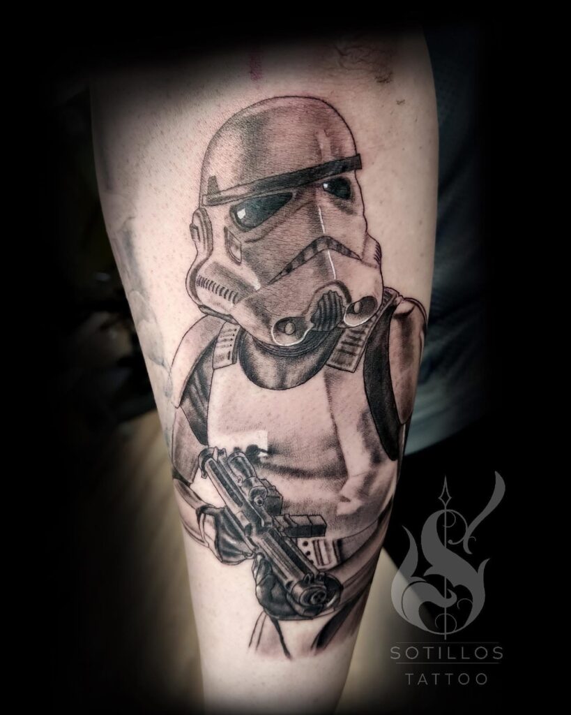 Pop culture Star Wars Stormtrooper realism tattoo in black and grey by guest artist Pablo from Spain at our studio