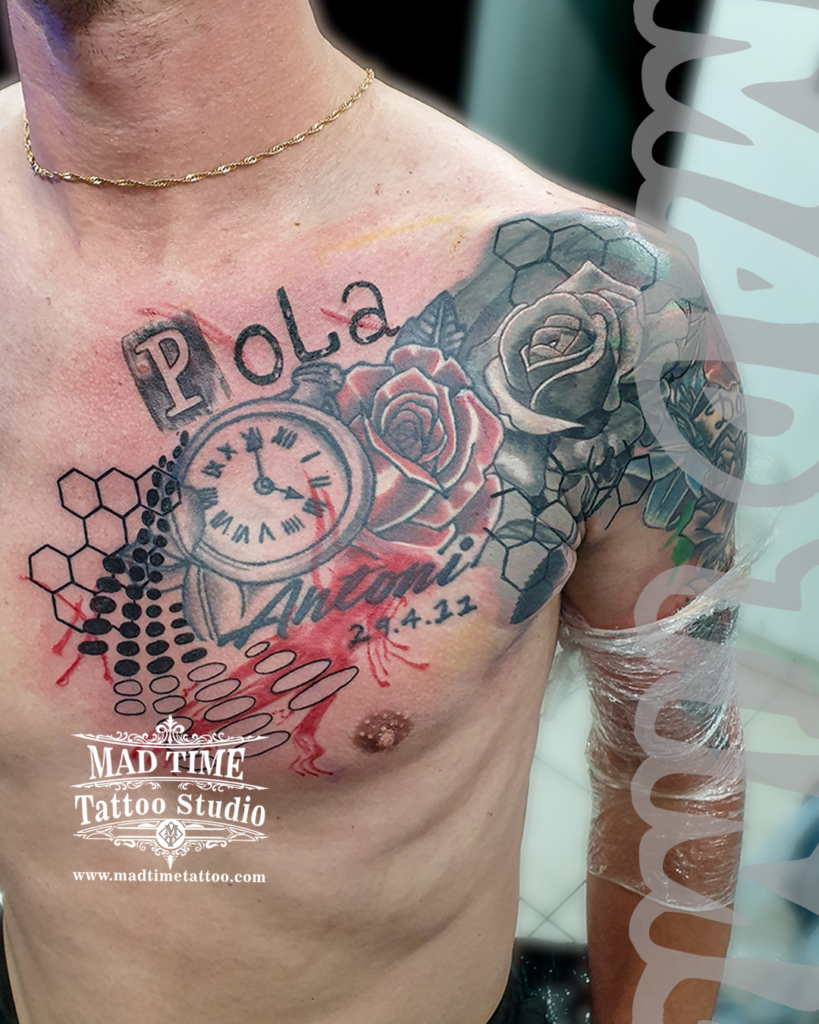 • Large scale Trash Polka chest tattoo featuring bold Pola and Antoni script lettering a realistic pocket watch roses and a geometric honeycomb grid pattern by our studio