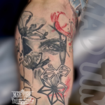 Home new Trash Polka style sleeve element showing a fragmented woman's face portrait overlayed with geometric star line work and red paint circular accents by our studio