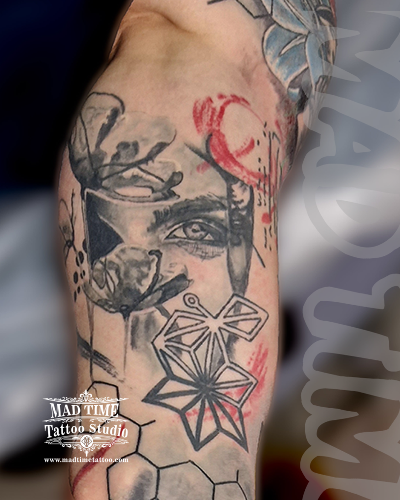 Trash Polka style sleeve element showing a fragmented woman's face portrait overlayed with geometric star line work and red paint circular accents by our studio